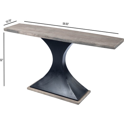 Lidiya Console Table by Butler Specialty Company in gray and metalworks. Made from acacia wood, gray sandwash finish, iron, black powder coat finish in a modern style.