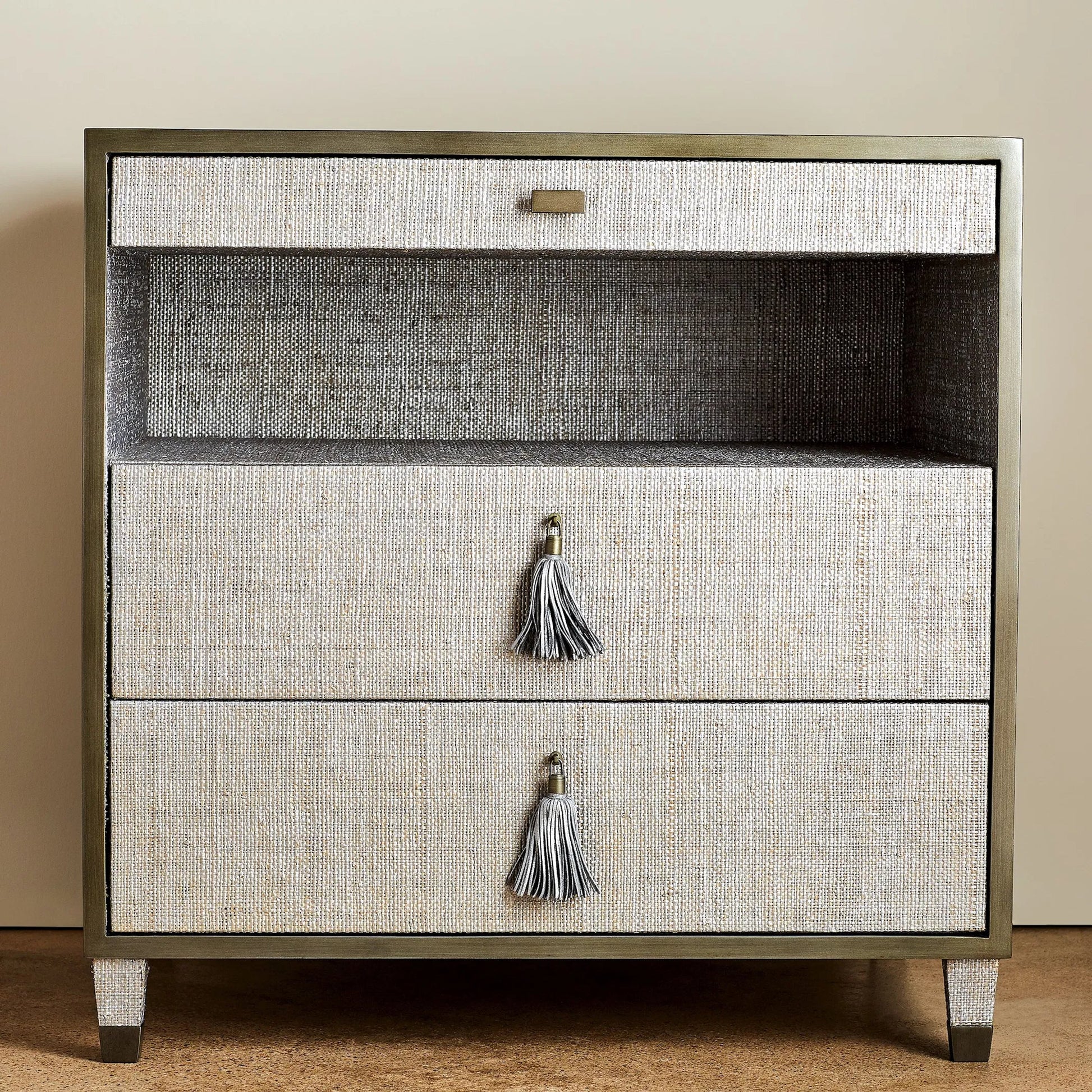 Argento Bedside Chest by Global Views in pewter. Made from acacia, beech, mdf, poplar, raffia, steel in a transitional style.
