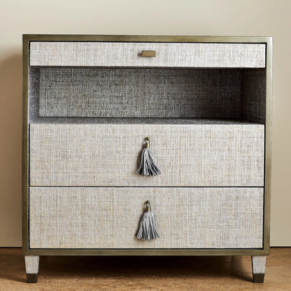 Argento Bedside Chest by Global Views in pewter. Made from acacia, beech, mdf, poplar, raffia, steel in a transitional style.