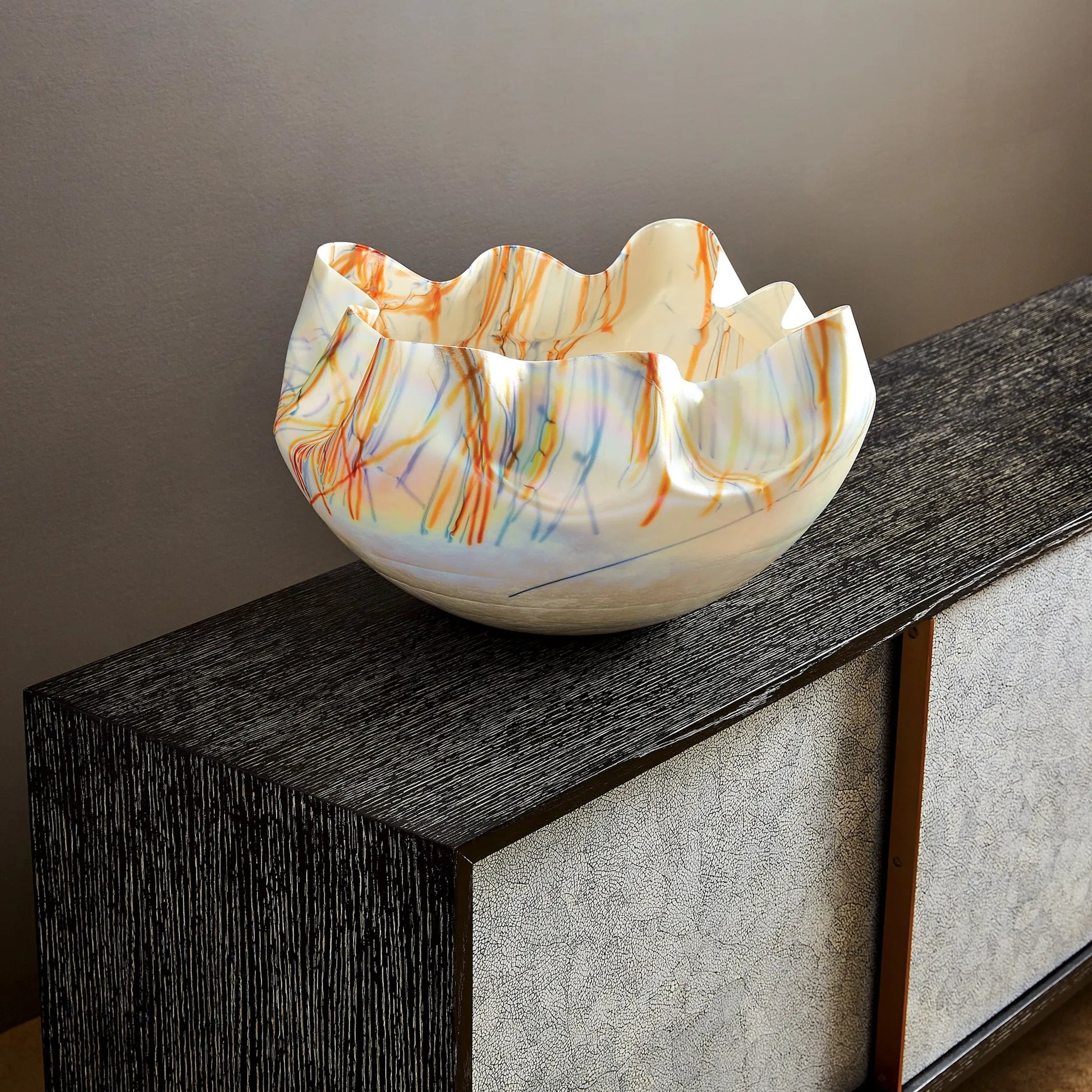 Ostara Media Cabinet by Global Views in acacia, oak. Made from beech, mdf, brass sabots, egg shell in a modern style.