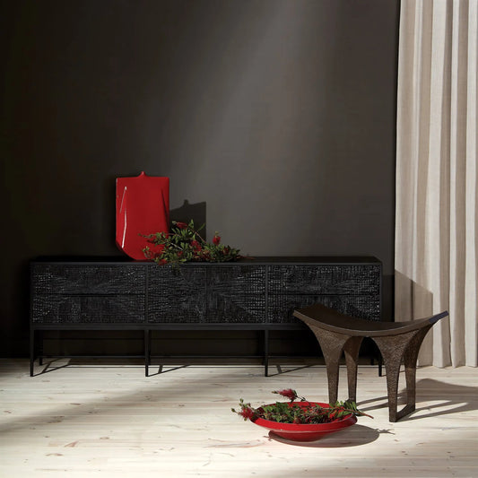 Kyoto Media Cabinet by Global Views in jagged gmelina black, wbi. Made from gmelina, mdf, metal in a modern style.
