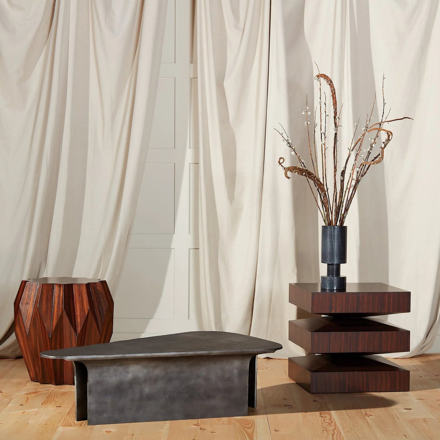 003 SR-701455 | Lifestyle | In and Out End Table by Global Views in dark walnut, satin lacquer, zebra. Made from birch, mdf in a modern style.