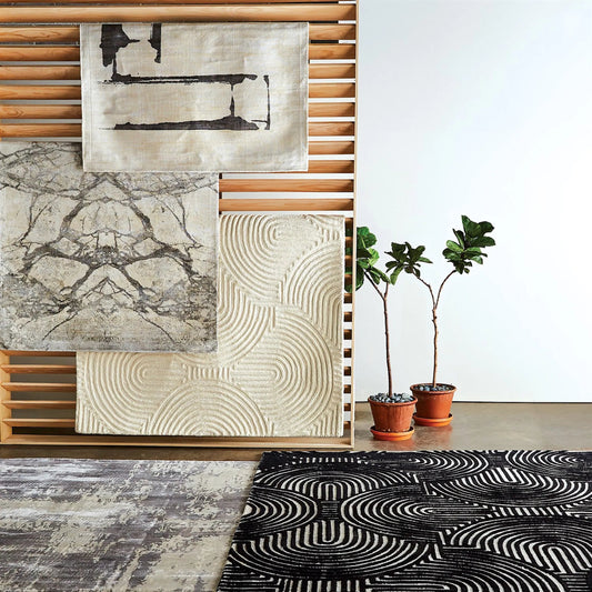 Edifice Rug by Global Views in cream, charcoal and cream, charcoal. Made from 80% viscose, 20% cotton (backing) in a unique style.