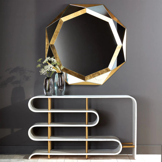 Madeleine Mirror by Global Views in gold leaf. Made from mdf, metal, mirror in a transitional style.