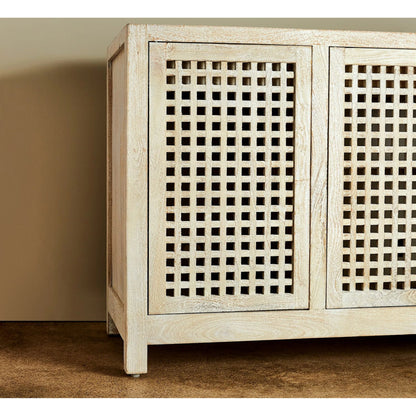 Driftwood Lattice Credenza by Global Views in white washed. Made from mango, mdf in a coastal style.