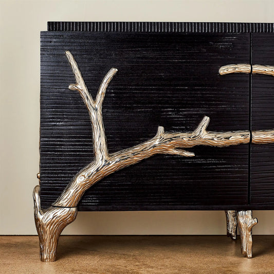 Branch Cabinet by Global Views in black distressed lacquer, polished aluminum. Made from unique in a transitional style.