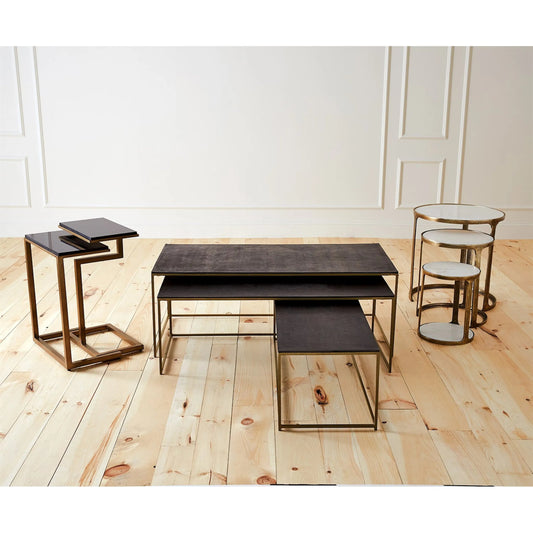 Marble Top Nesting Tables by Global Views in brass. Made from aluminum, 15mm banswara marble (not sealed) in a modern style.