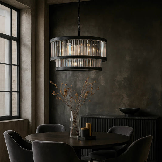 Double Take 14 Light 2-TIER Pendant by Varaluz in black. Made from steel, crystal in a unique style.
