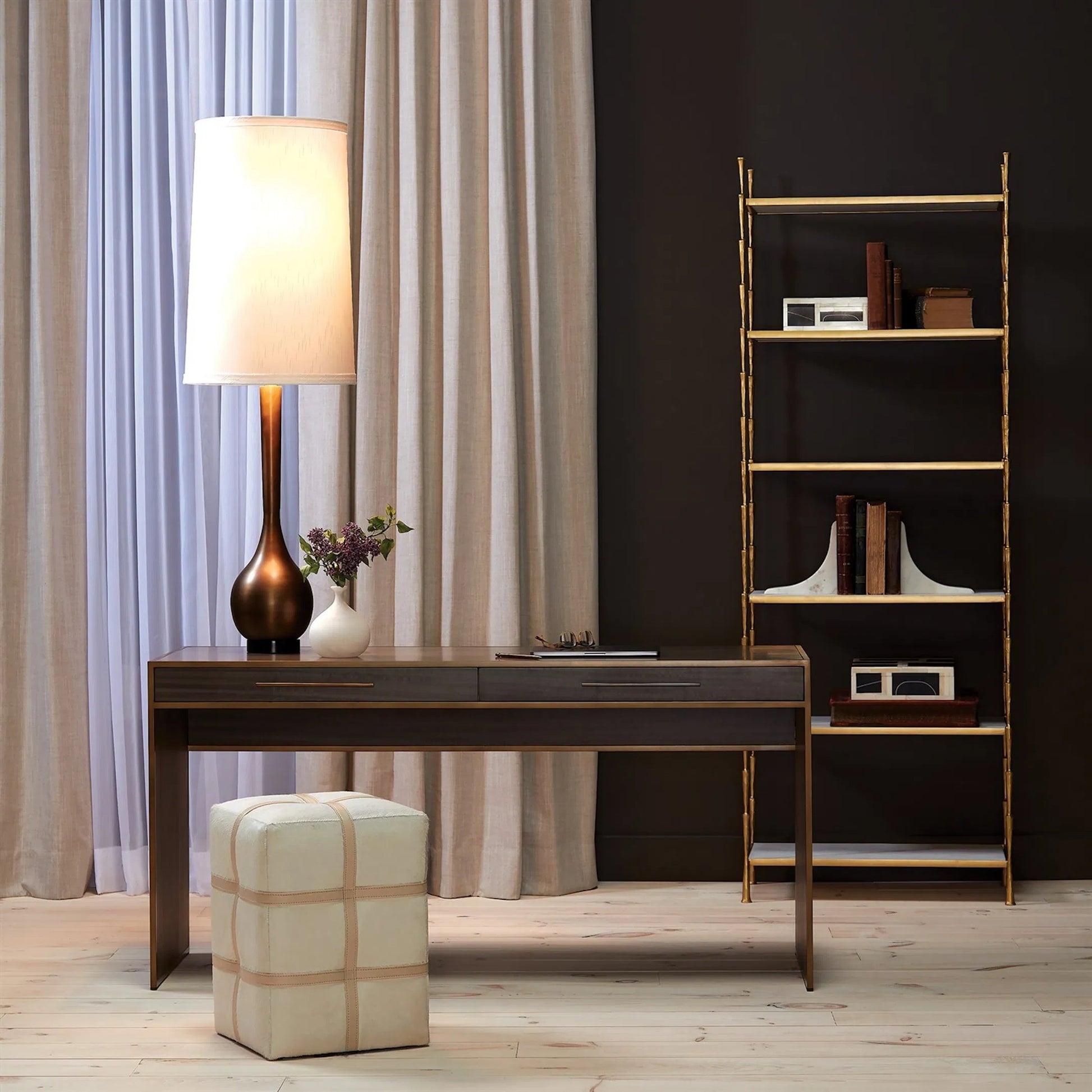 Spike Etagere by Global Views in antique brass. Made from iron, white marble in a transitional style.