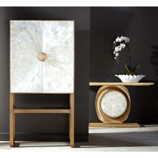 Opera Fluted Console by Global Views in gold. Made from mdf, brass sheet, quartz in a modern style.