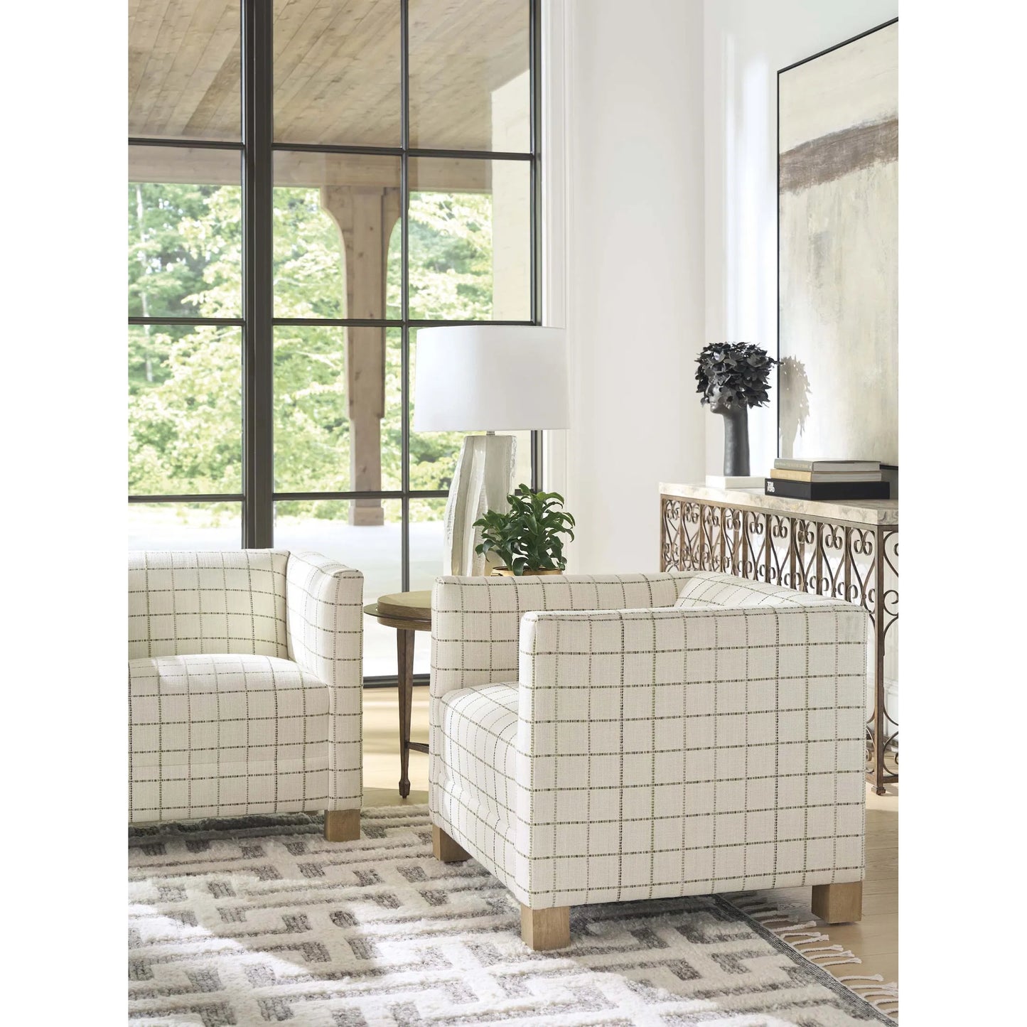 003 SI-2540445 | Lifestyle | Chandler Chair by Barclay Butera in beige, tan and tan. Made from mahogany, fabric in a unique style.