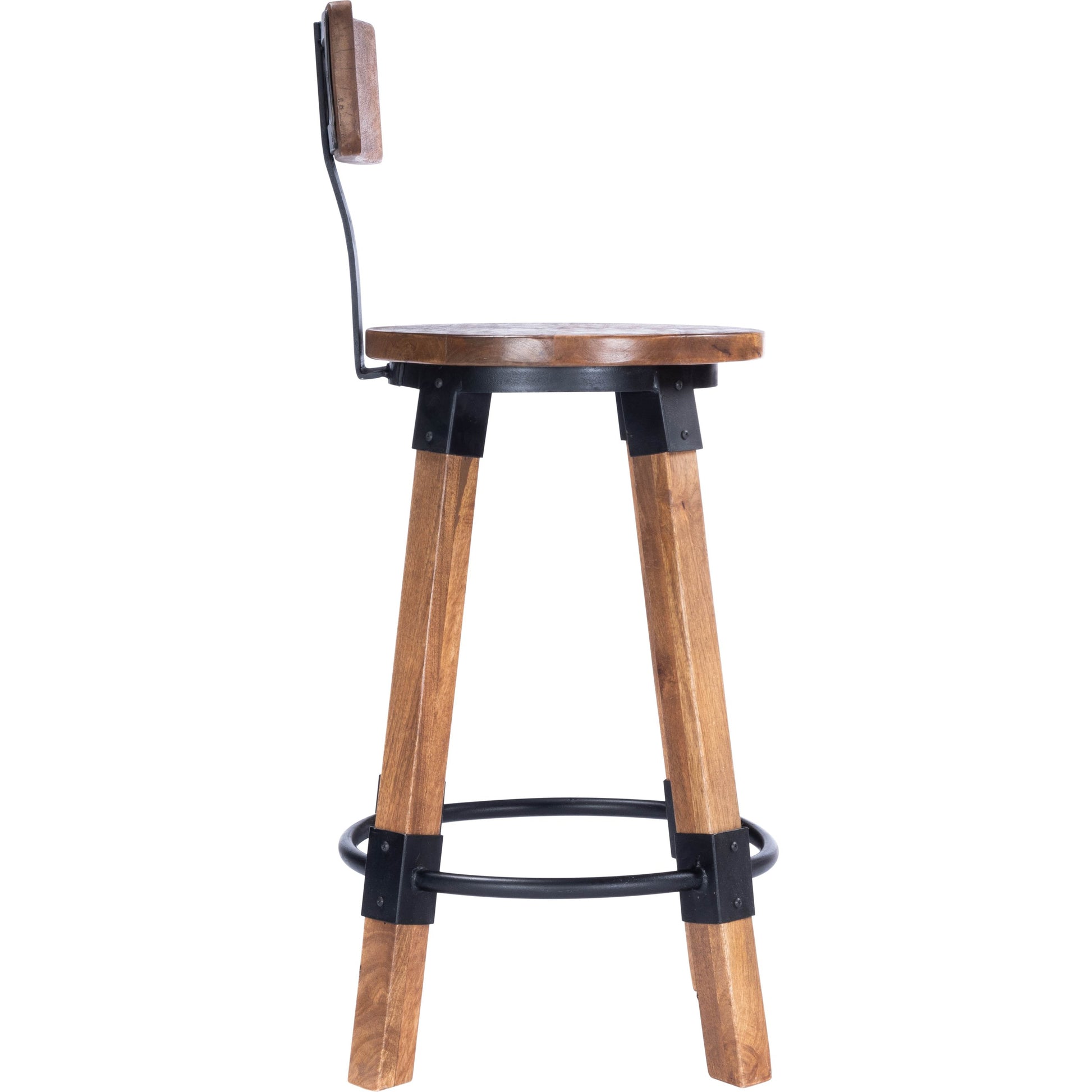 Masterson Counter Stool by Butler Specialty Company in natural wood and industrial chic. Made from mango wood, iron: black metal finish, seat height 27" h in a rustic style.