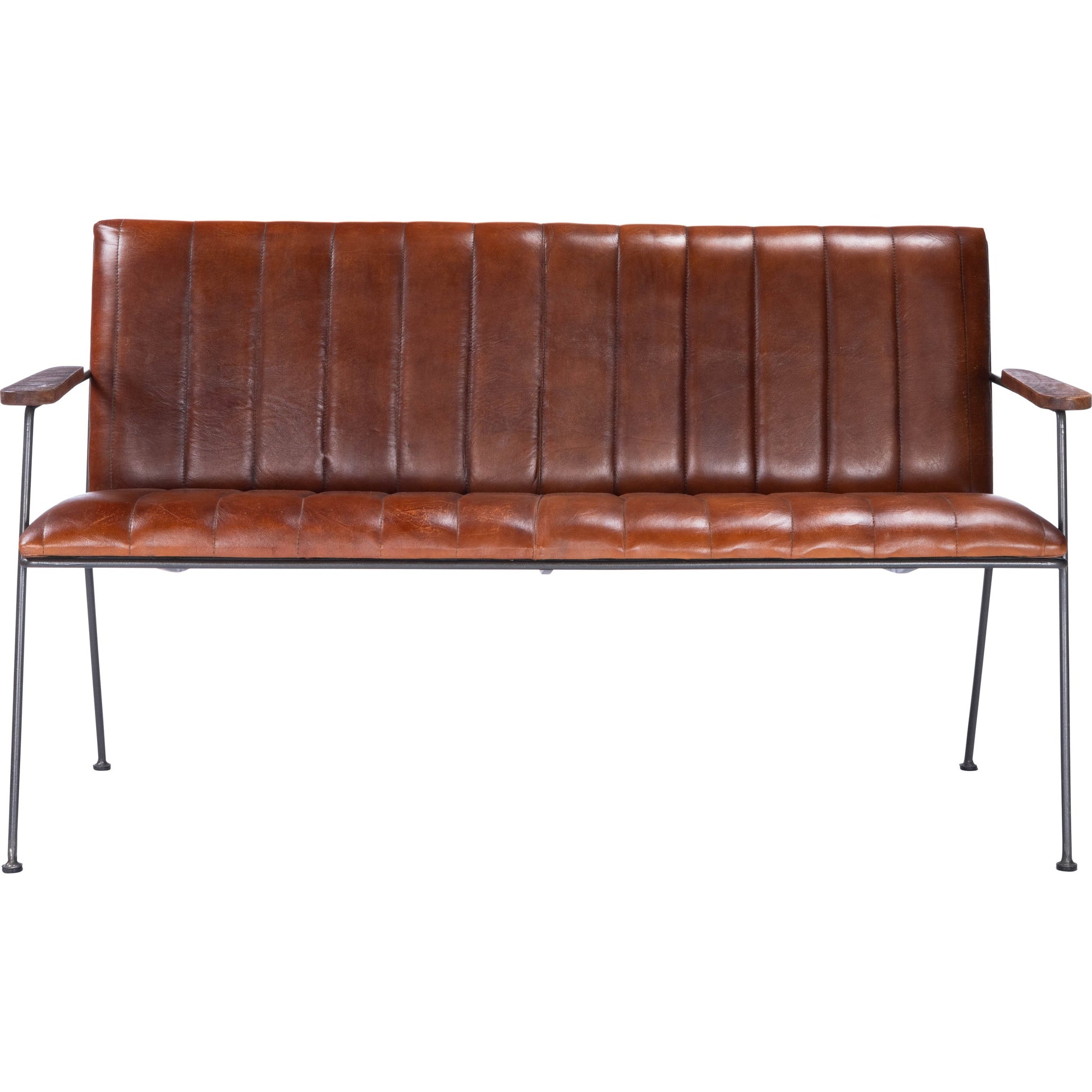 Phoenix Bench by Butler Specialty Company in medium brown and industrial chic. Made from iron, leather, mango wood solids, plywood, tris free foam cushion core, seat height 18-1, 2" h in a modern style.