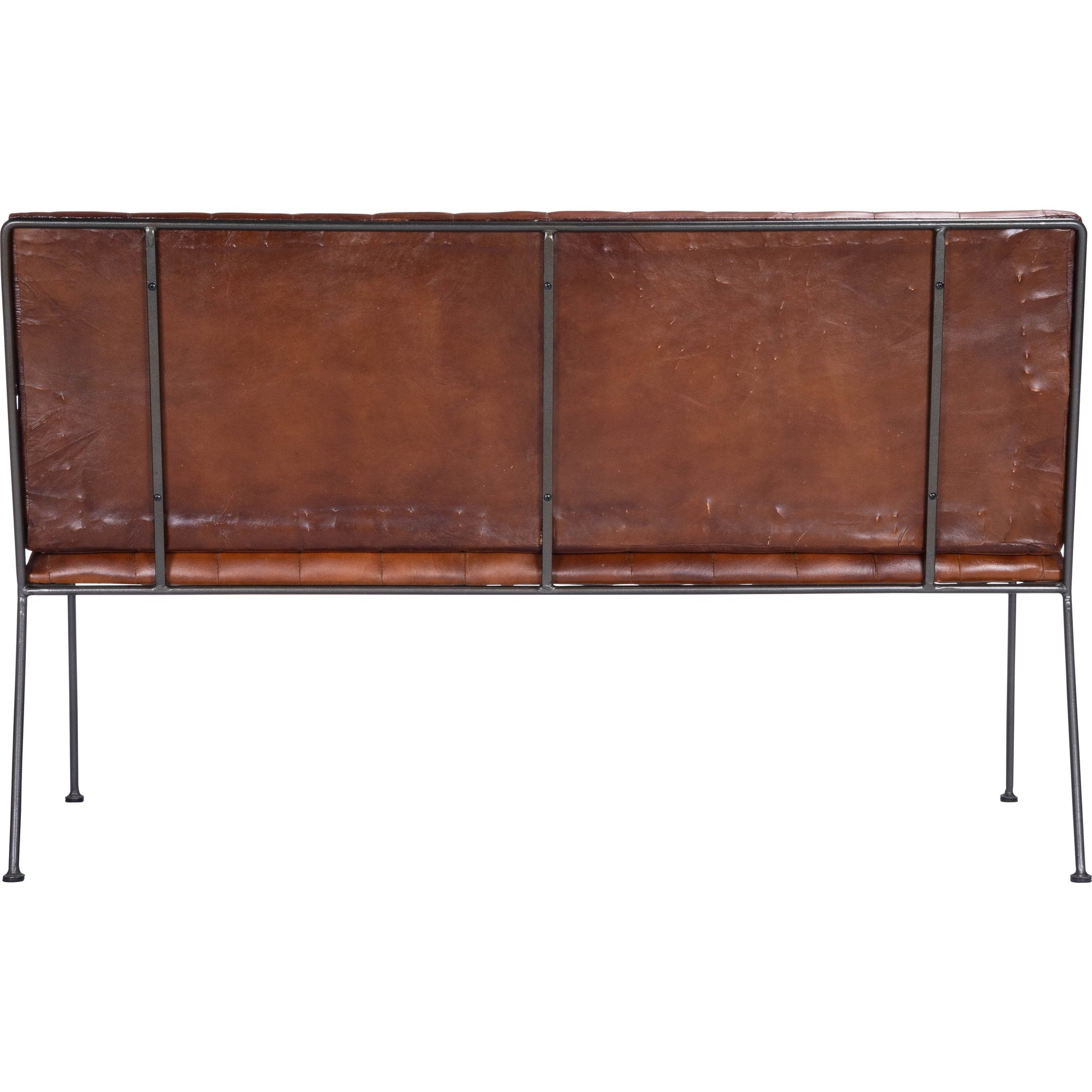 Phoenix Bench by Butler Specialty Company in medium brown and industrial chic. Made from iron, leather, mango wood solids, plywood, tris free foam cushion core, seat height 18-1, 2" h in a modern style.