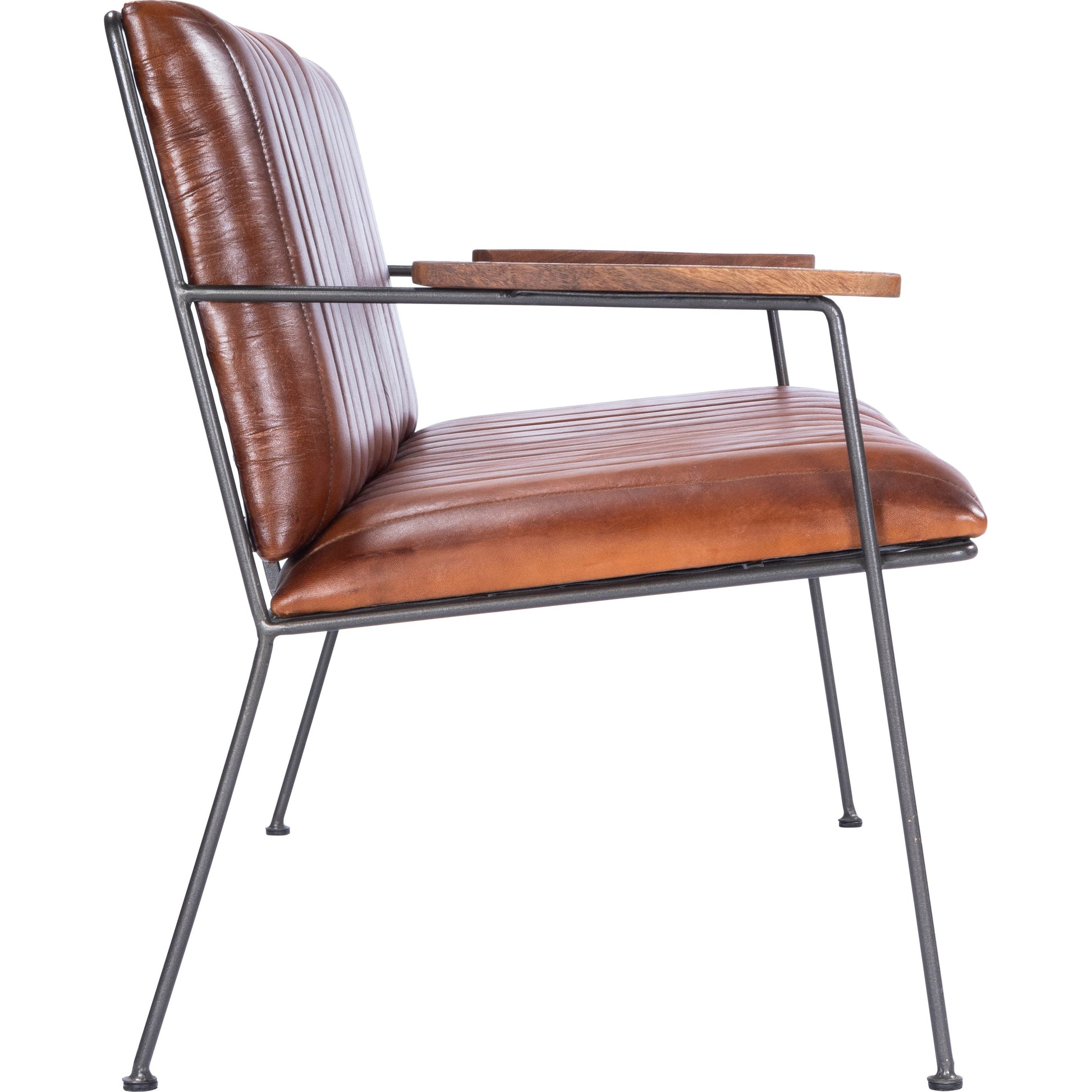 Phoenix Bench by Butler Specialty Company in medium brown and industrial chic. Made from iron, leather, mango wood solids, plywood, tris free foam cushion core, seat height 18-1, 2" h in a modern style.