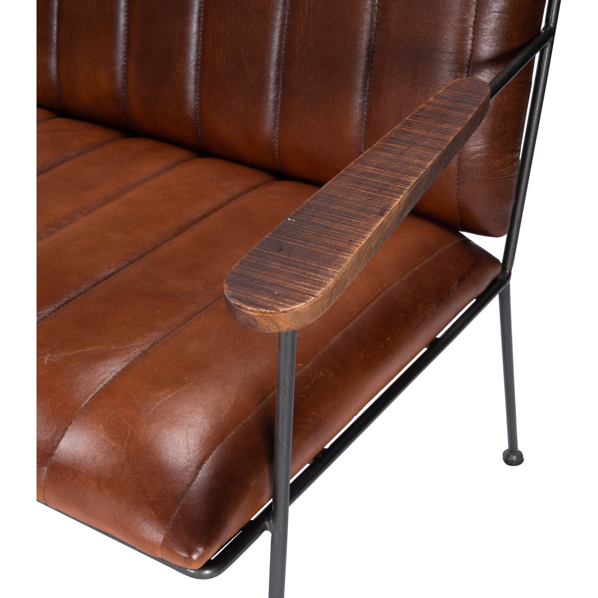 Phoenix Bench by Butler Specialty Company in medium brown and industrial chic. Made from iron, leather, mango wood solids, plywood, tris free foam cushion core, seat height 18-1, 2" h in a modern style.