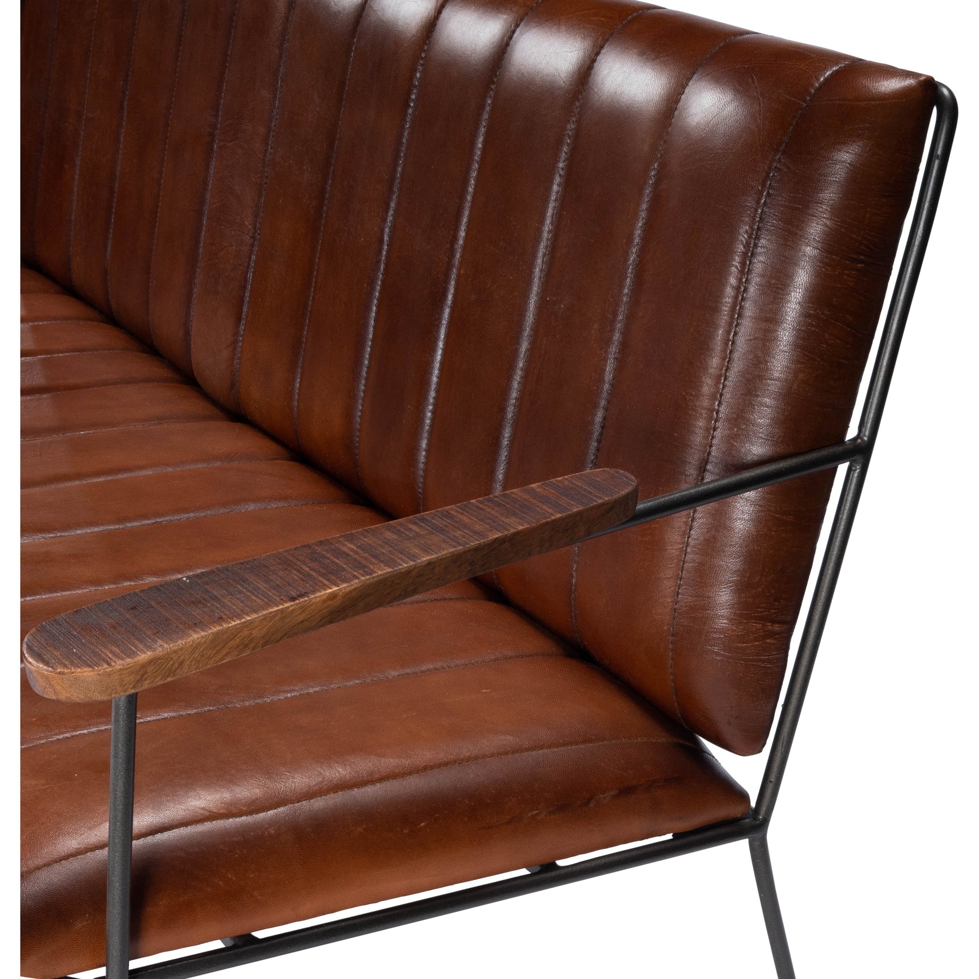Phoenix Bench by Butler Specialty Company in medium brown and industrial chic. Made from iron, leather, mango wood solids, plywood, tris free foam cushion core, seat height 18-1, 2" h in a modern style.