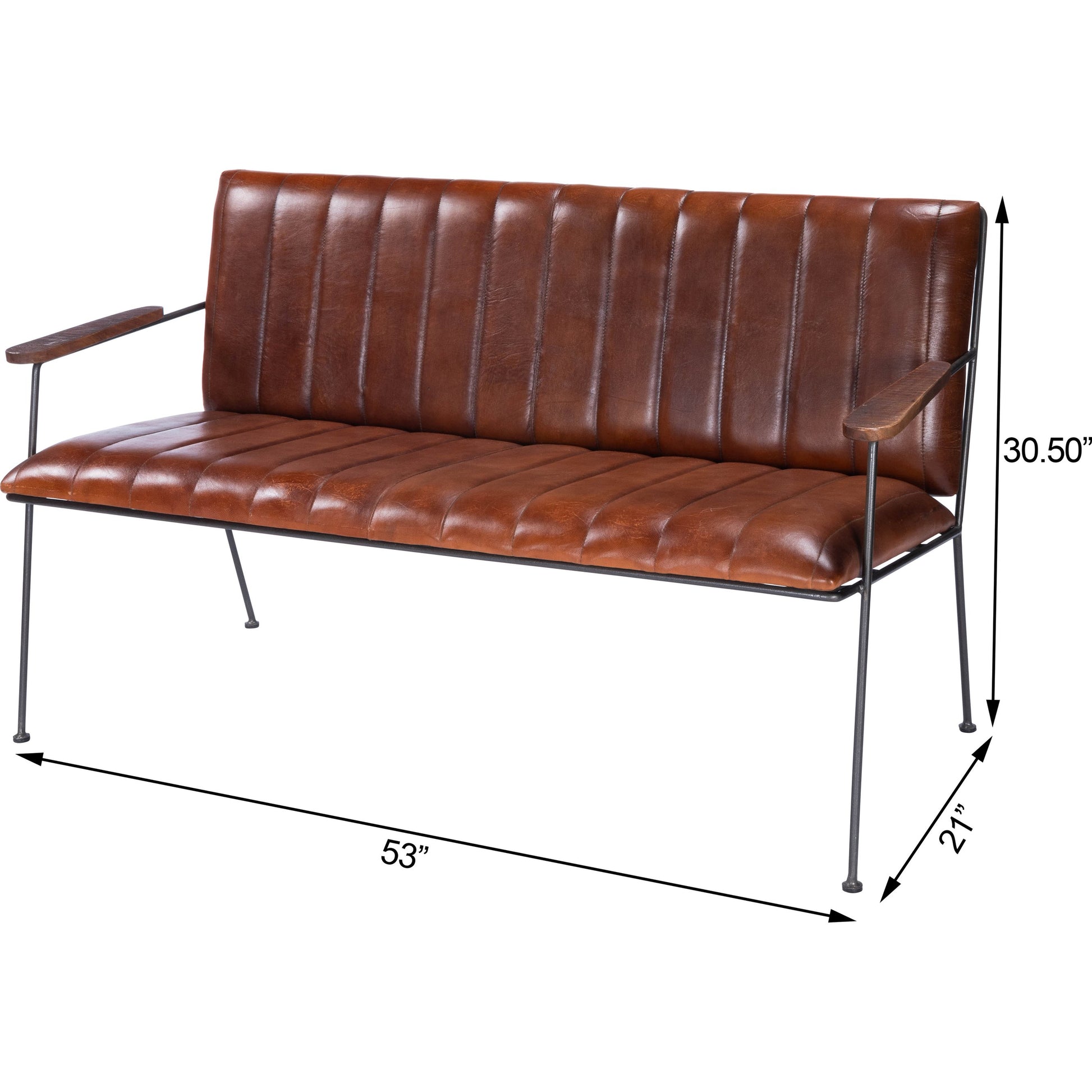Phoenix Bench by Butler Specialty Company in medium brown and industrial chic. Made from iron, leather, mango wood solids, plywood, tris free foam cushion core, seat height 18-1, 2" h in a modern style.