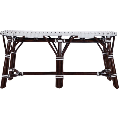 Marcella Rattan Bench by Butler Specialty Company in dark brown and black. Made from natural bamboo, polyethelene synthetic rattan weave in a coastal style.