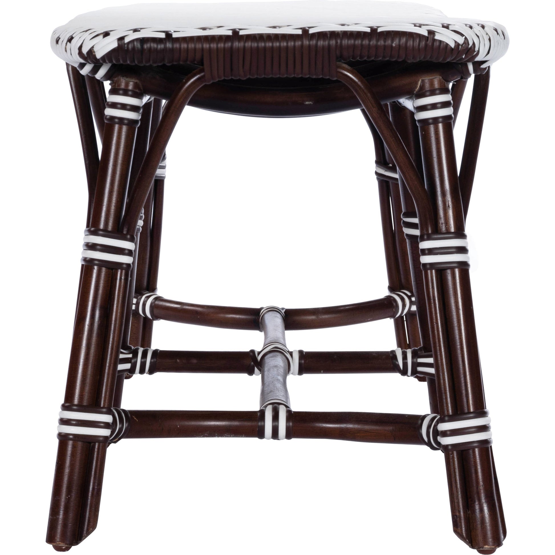 Marcella Rattan Bench by Butler Specialty Company in dark brown and black. Made from natural bamboo, polyethelene synthetic rattan weave in a coastal style.