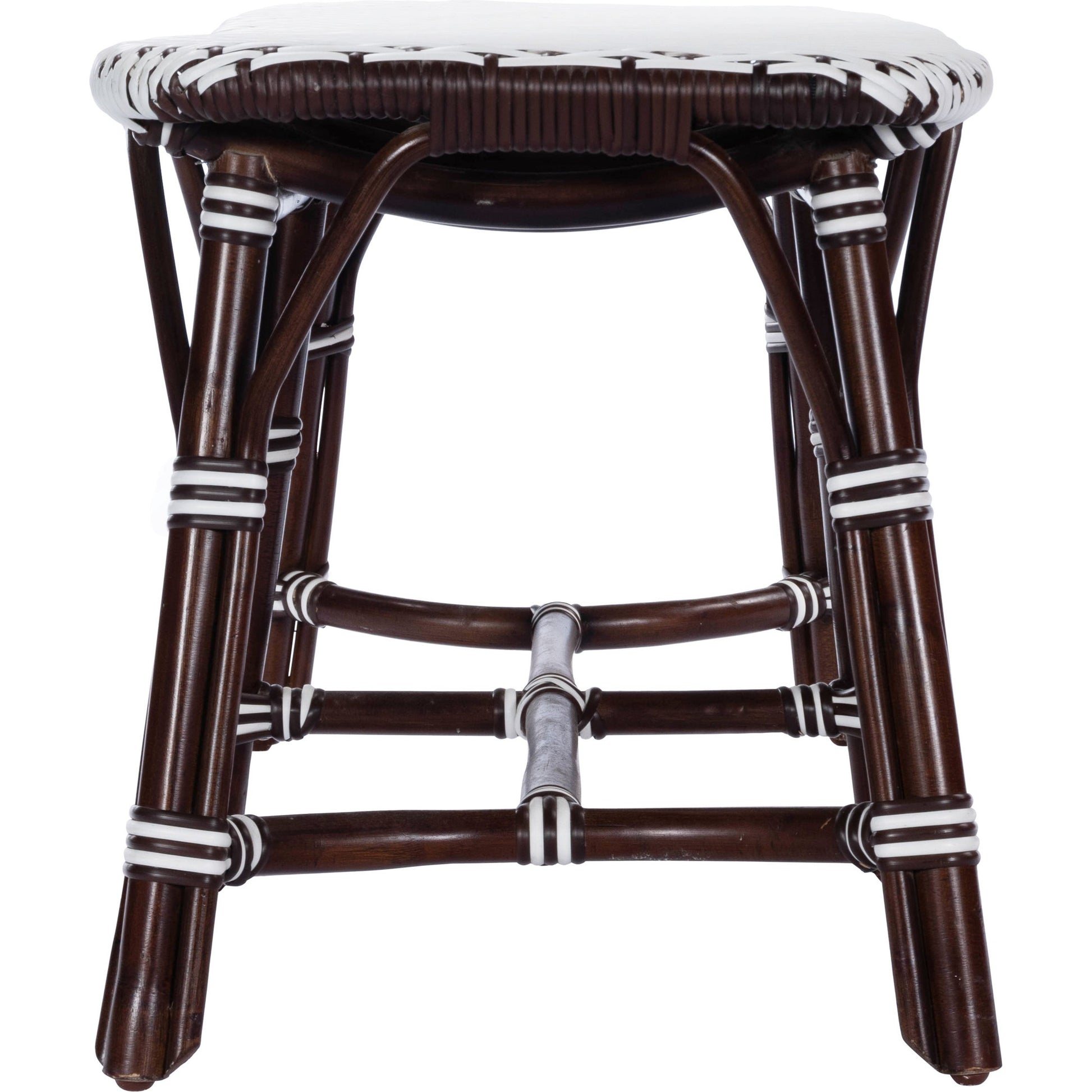 Marcella Rattan Bench by Butler Specialty Company in dark brown and black. Made from natural bamboo, polyethelene synthetic rattan weave in a coastal style.