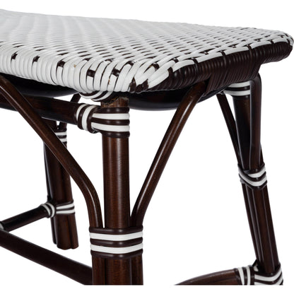 Marcella Rattan Bench by Butler Specialty Company in dark brown and black. Made from natural bamboo, polyethelene synthetic rattan weave in a coastal style.