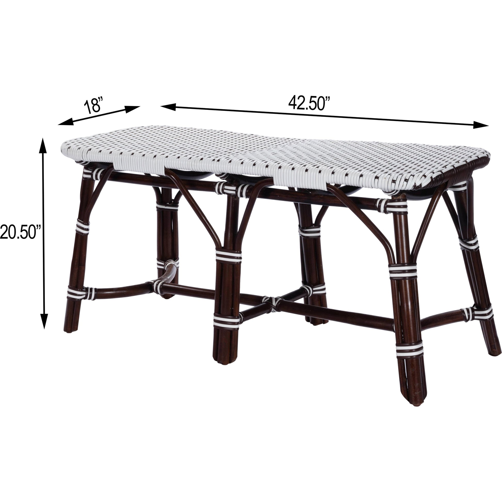 Marcella Rattan Bench by Butler Specialty Company in dark brown and black. Made from natural bamboo, polyethelene synthetic rattan weave in a coastal style.