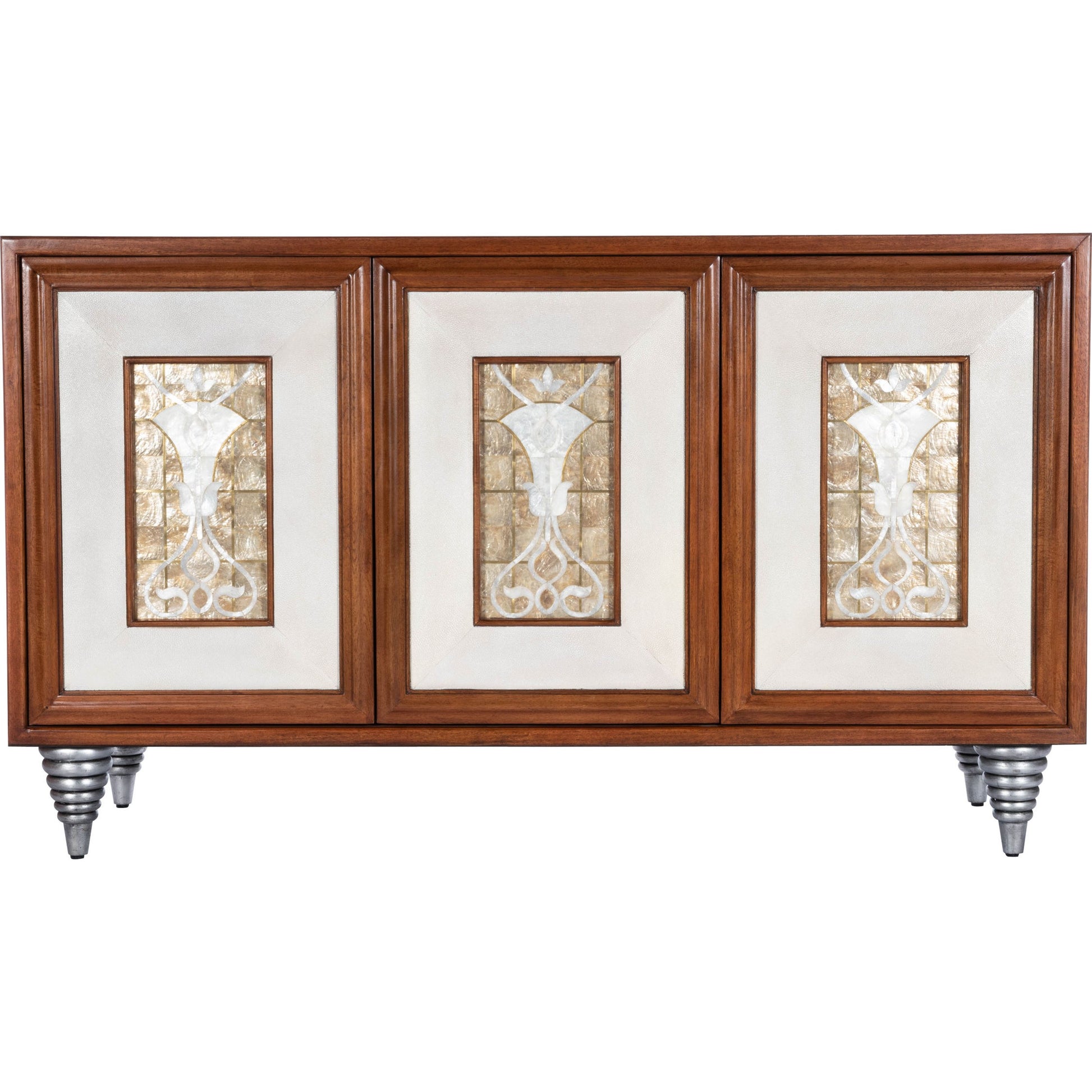 Shelly Sideboard by Butler Specialty Company in medium brown and cosmopolitan. Made from gmelina solids, maple veneer, mdf, leather, capiz shell in a modern style.