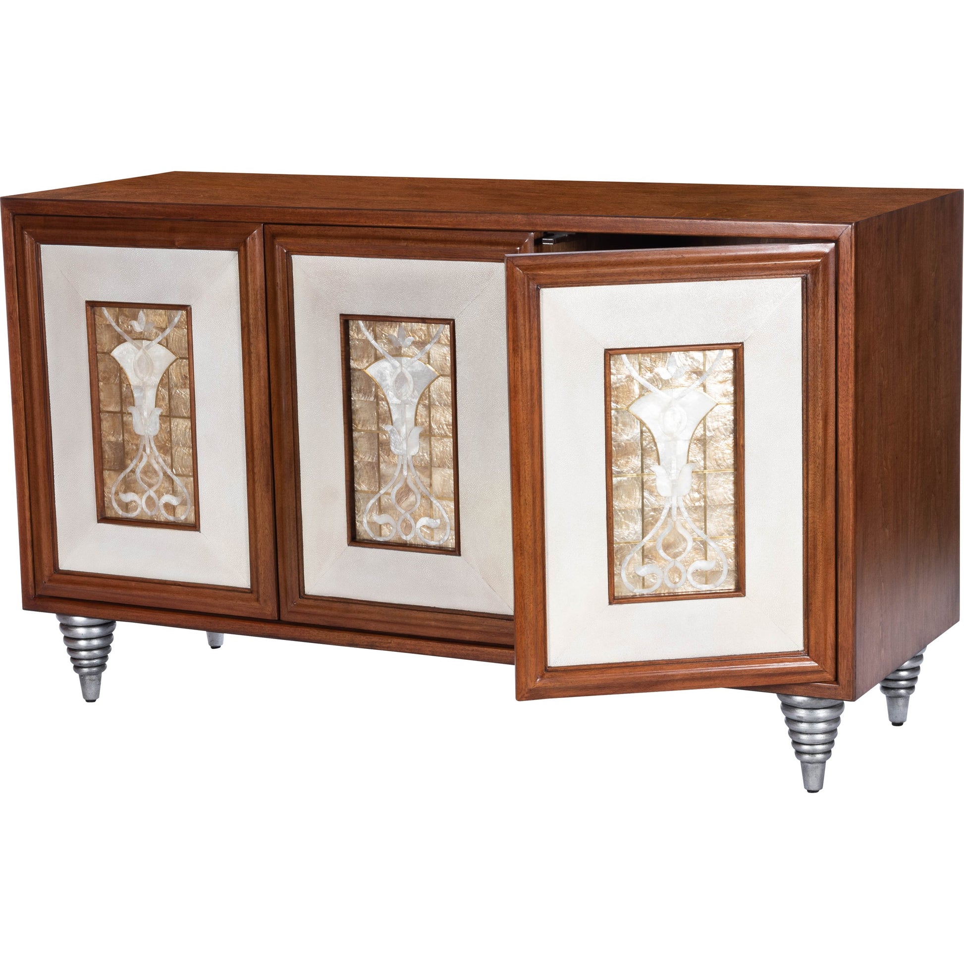 Shelly Sideboard by Butler Specialty Company in medium brown and cosmopolitan. Made from gmelina solids, maple veneer, mdf, leather, capiz shell in a modern style.