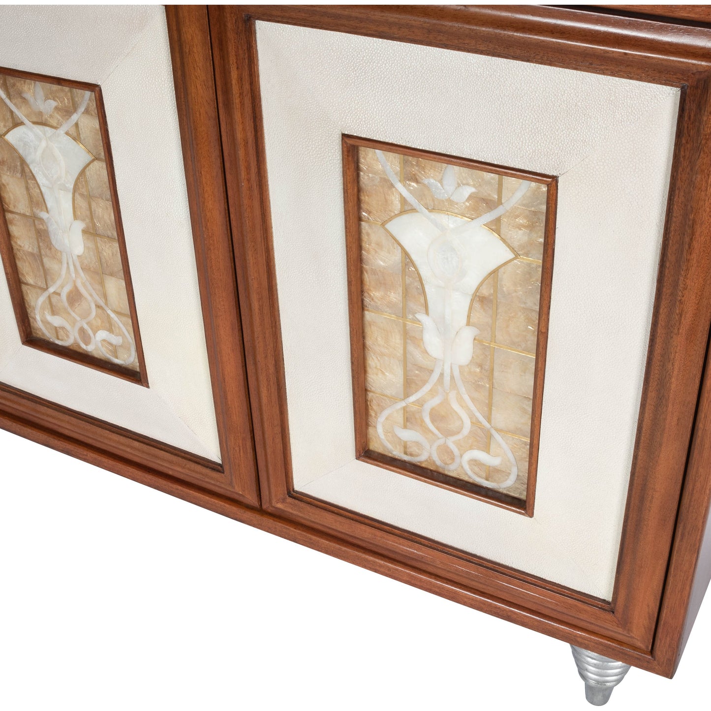 011 SR-770507 | Additional Silo | Shelly Sideboard by Butler Specialty Company in medium brown and cosmopolitan. Made from gmelina solids, maple veneer, mdf, leather, capiz shell in a modern style.