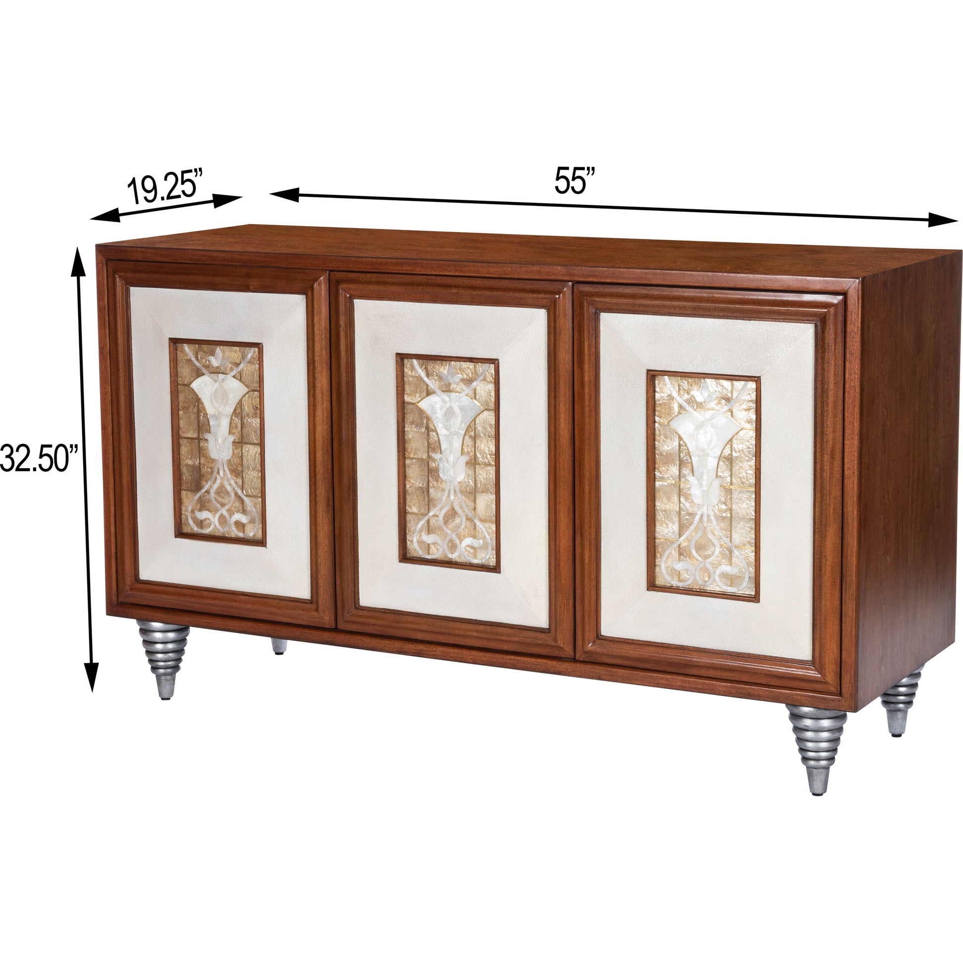 Shelly Sideboard by Butler Specialty Company in medium brown and cosmopolitan. Made from gmelina solids, maple veneer, mdf, leather, capiz shell in a modern style.