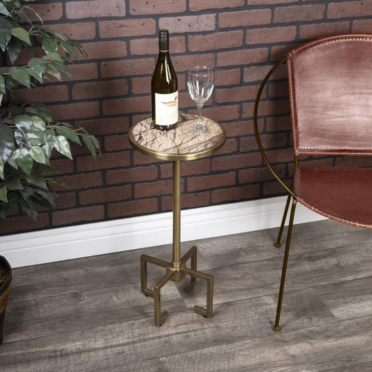 Mash End Table by Butler Specialty Company in gold and antique gold. Made from red vein marble in a modern style.