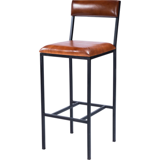 Lazarus Bar Stool by Butler Specialty Company in medium brown and industrial chic. Made from iron, leather, plywood, polyurethane foam core: seat height 31-1, 2" h in a modern style.