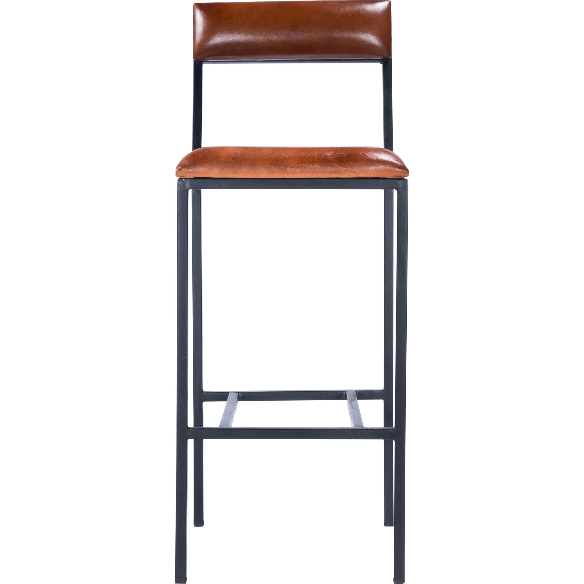 Lazarus Bar Stool by Butler Specialty Company in medium brown and industrial chic. Made from iron, leather, plywood, polyurethane foam core: seat height 31-1, 2" h in a modern style.