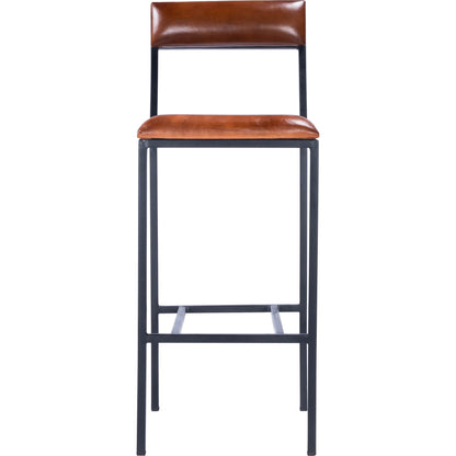 Lazarus Bar Stool by Butler Specialty Company in medium brown and industrial chic. Made from iron, leather, plywood, polyurethane foam core: seat height 31-1, 2" h in a modern style.