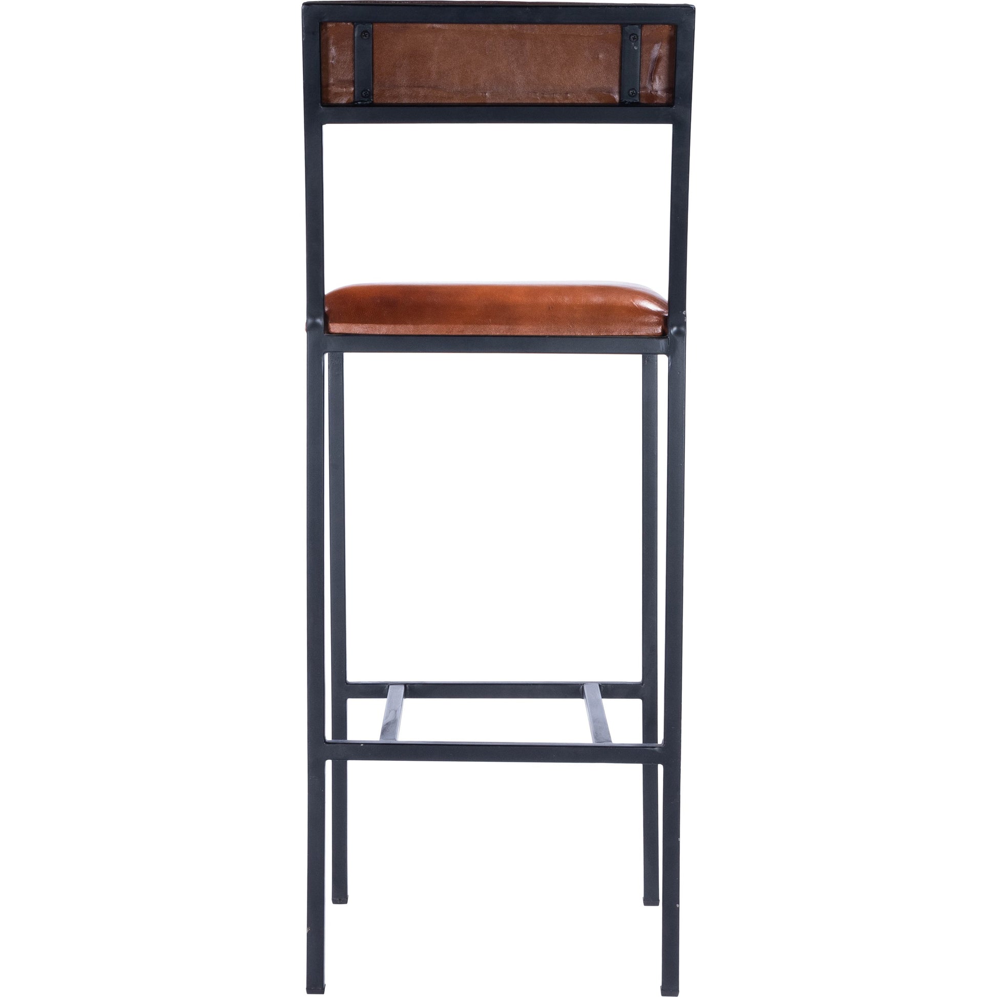 Lazarus Bar Stool by Butler Specialty Company in medium brown and industrial chic. Made from iron, leather, plywood, polyurethane foam core: seat height 31-1, 2" h in a modern style.