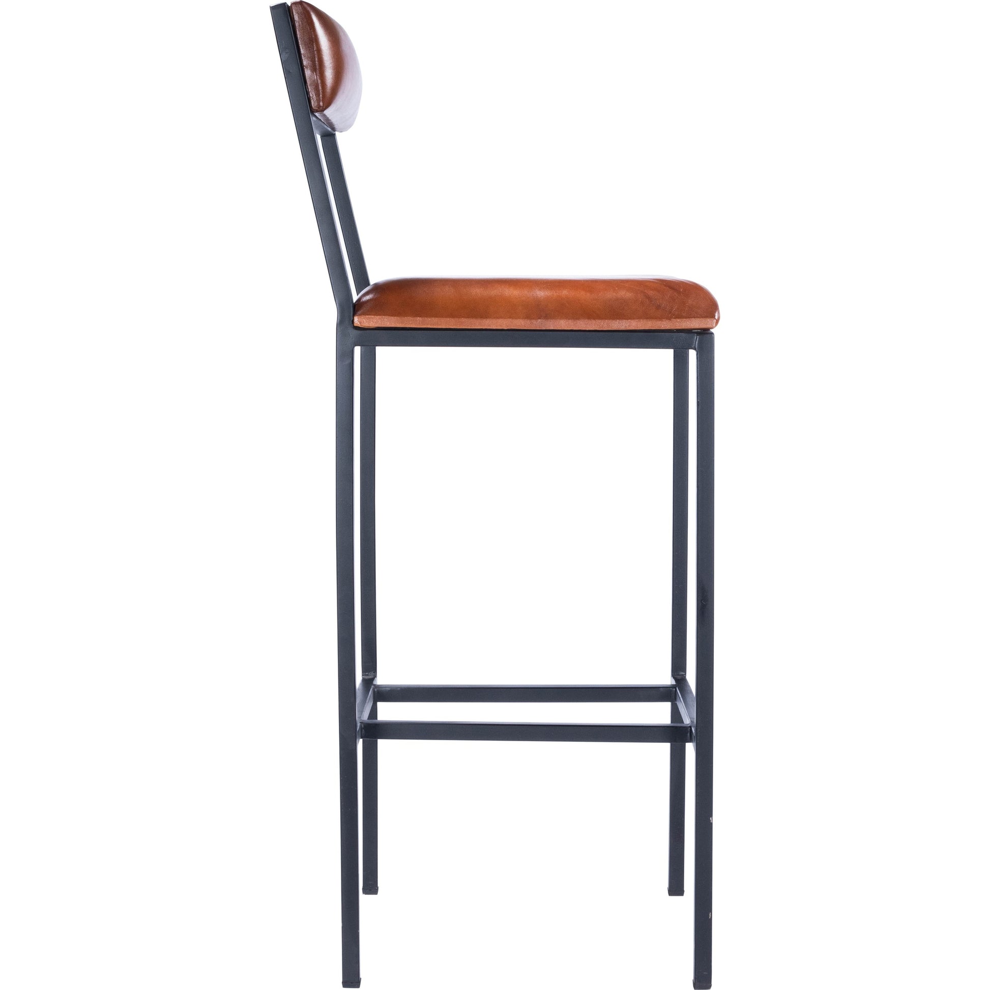 Lazarus Bar Stool by Butler Specialty Company in medium brown and industrial chic. Made from iron, leather, plywood, polyurethane foam core: seat height 31-1, 2" h in a modern style.