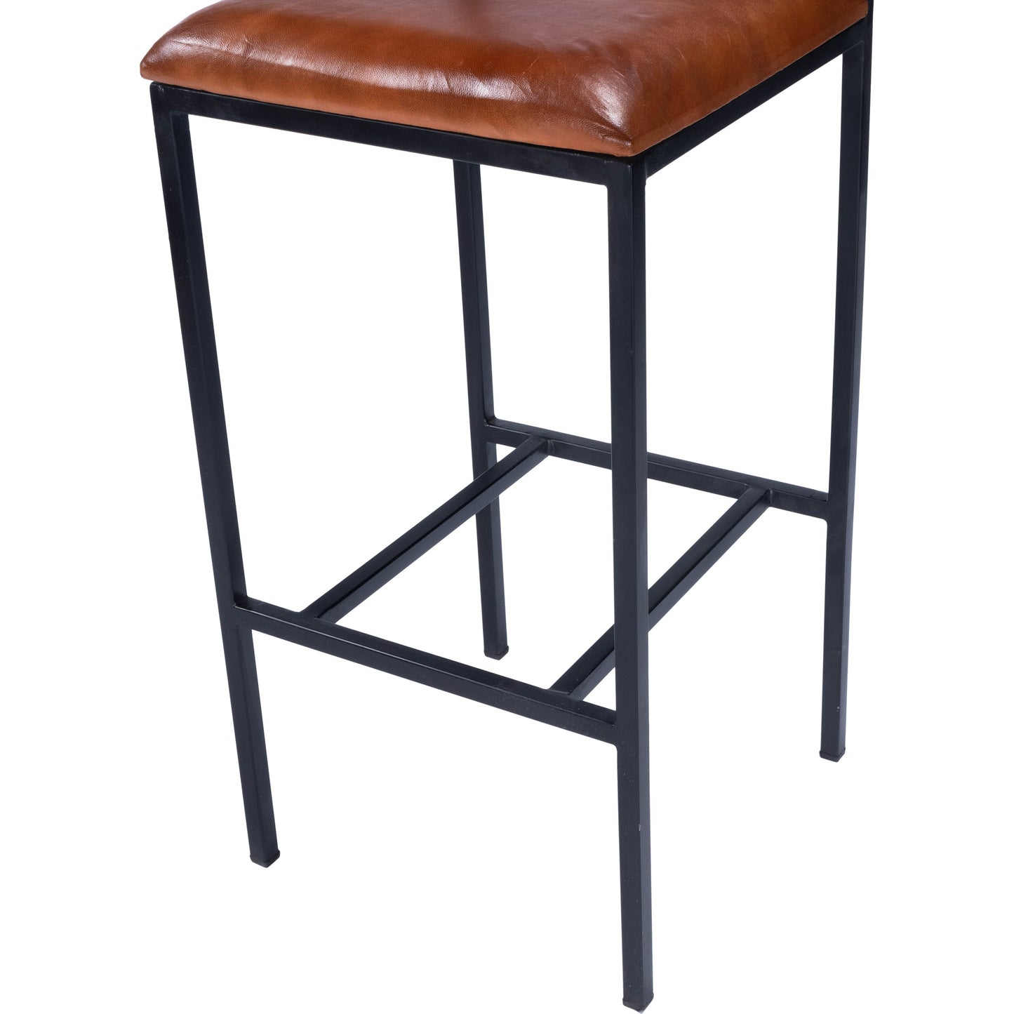 009 SR-789716 | Closeup | Lazarus Bar Stool by Butler Specialty Company in medium brown and industrial chic. Made from iron, leather, plywood, polyurethane foam core: seat height 31-1, 2" h in a modern style.