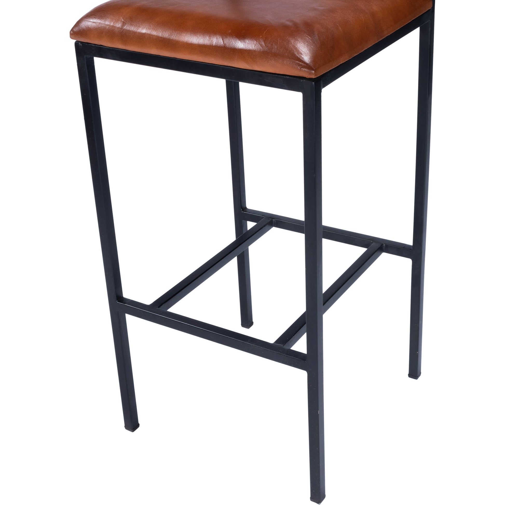 Lazarus Bar Stool by Butler Specialty Company in medium brown and industrial chic. Made from iron, leather, plywood, polyurethane foam core: seat height 31-1, 2" h in a modern style.