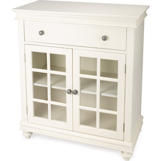 Brouno Chest by Butler Specialty Company in white. Made from mango wood, mdf, plywood, clear glass (non tempered) in a cottage & farmhouse style.