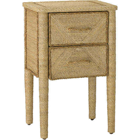 Kaipo Nightstand by Currey and Company. Made from abaca rope, engineered hardwood in a coastal style.