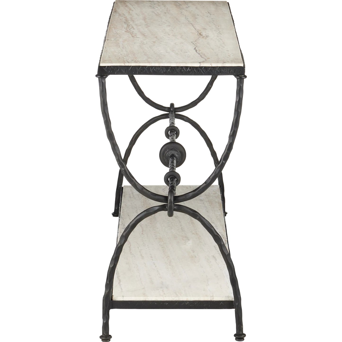 004 SI-2386931 | Additional Silo | Agora White Travertine Console Table by Currey and Company in natural, rustic bronze. Made from white travertine, wrought iron in a modern style.