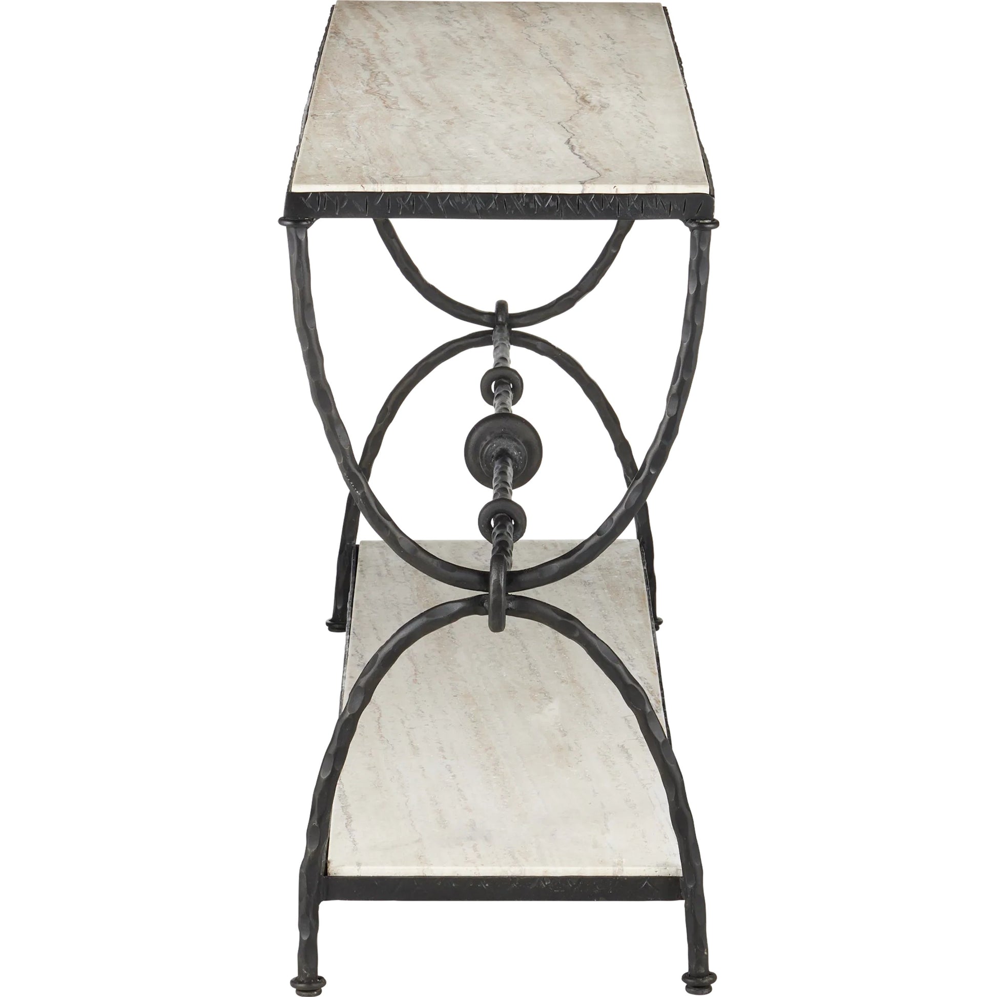 Agora White Travertine Console Table by Currey and Company in natural, rustic bronze. Made from white travertine, wrought iron in a modern style.