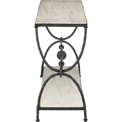 Agora White Travertine Console Table by Currey and Company in natural, rustic bronze. Made from white travertine, wrought iron in a modern style.