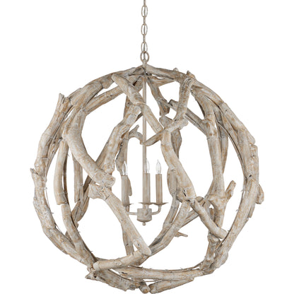 Driftwood Whitewash Orb Chandelier by Currey and Company in whitewashed driftwood. Made from driftwood, wrought iron in a cottage & farmhouse style.