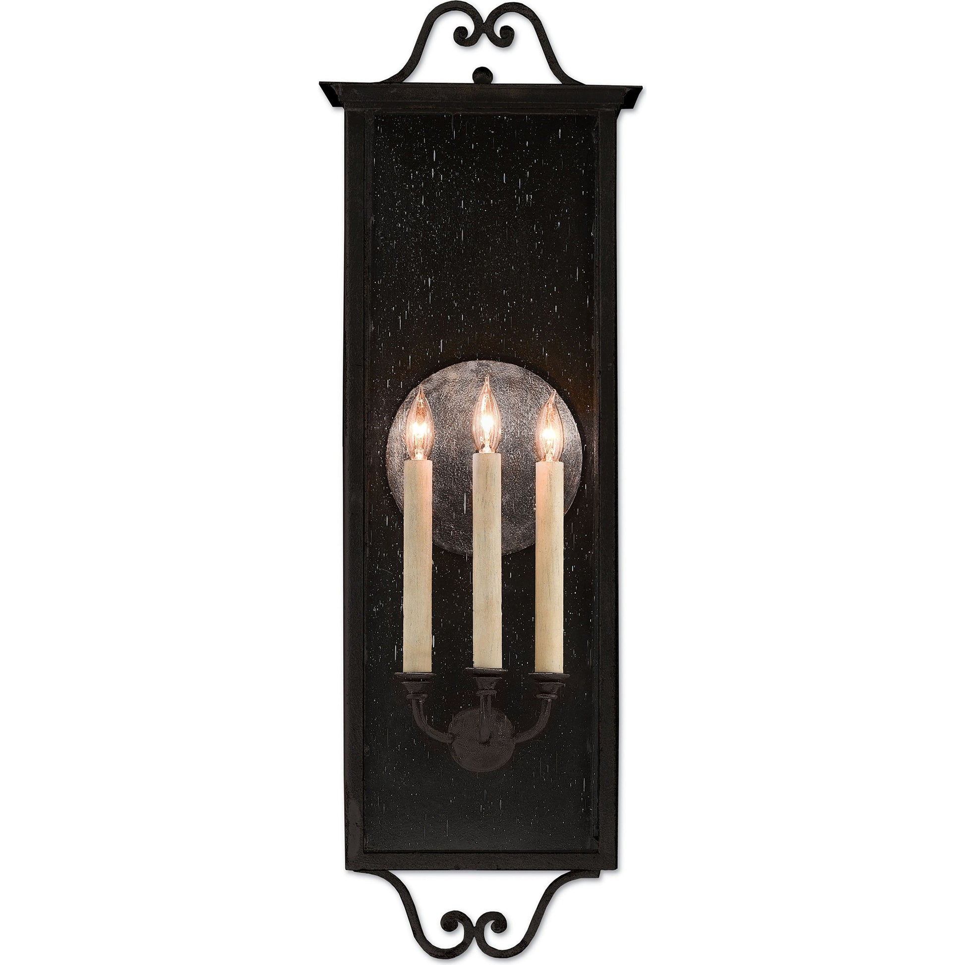 Giatti Outdoor Wall Sconce by Currey and Company in midnight (pure black). Made from wrought iron, glass in a traditional style.