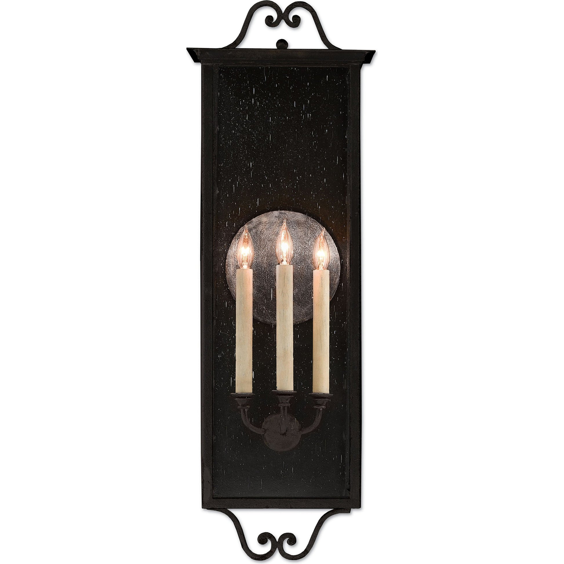 Giatti Outdoor Wall Sconce by Currey and Company in midnight (pure black). Made from wrought iron, glass in a traditional style.
