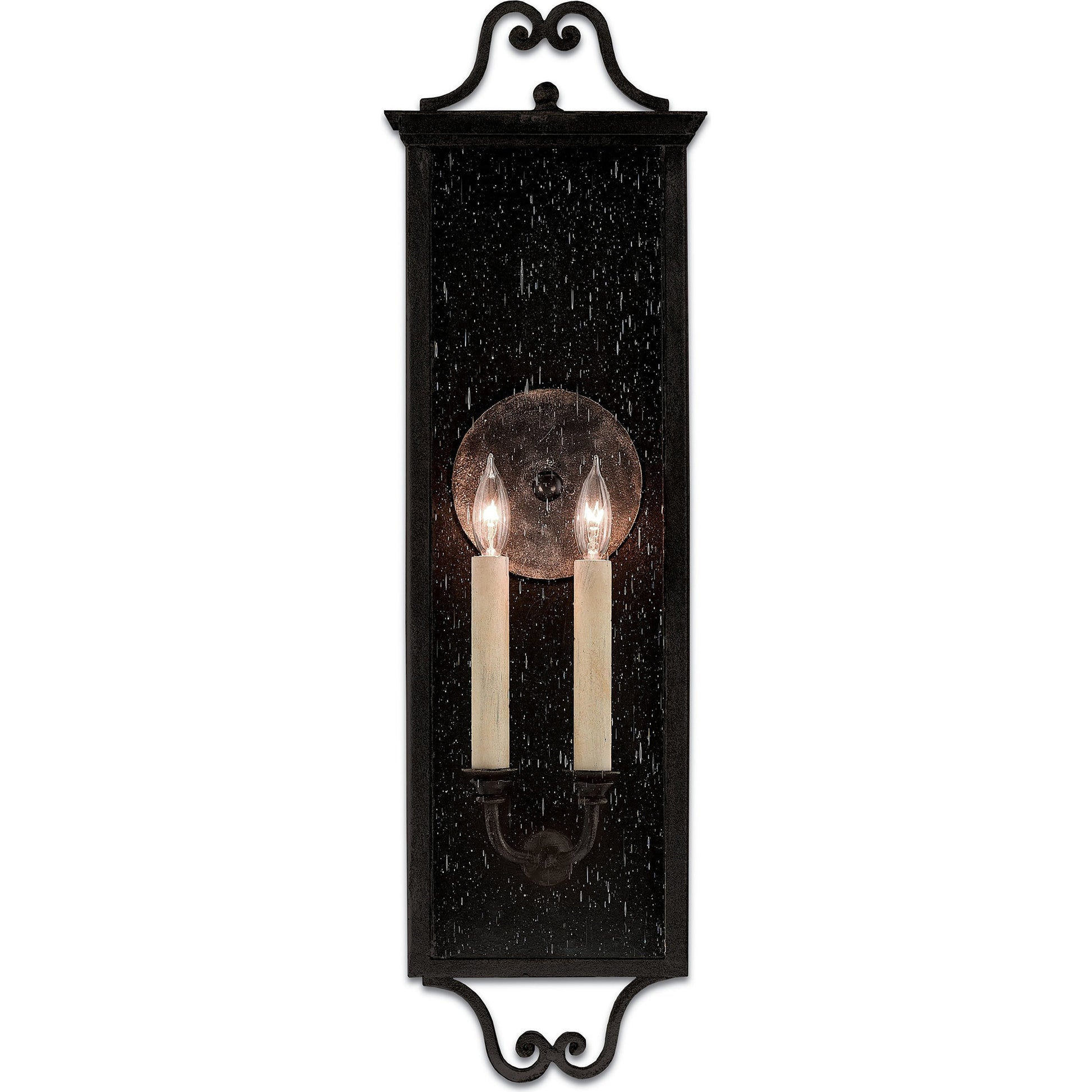 Giatti Outdoor Wall Sconce by Currey and Company in midnight (pure black). Made from wrought iron, glass in a traditional style.