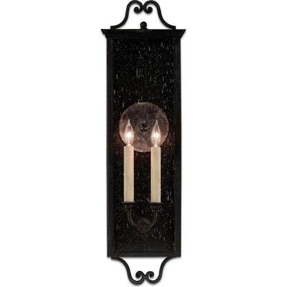 Giatti Outdoor Wall Sconce by Currey and Company in midnight (pure black). Made from wrought iron, glass in a traditional style.