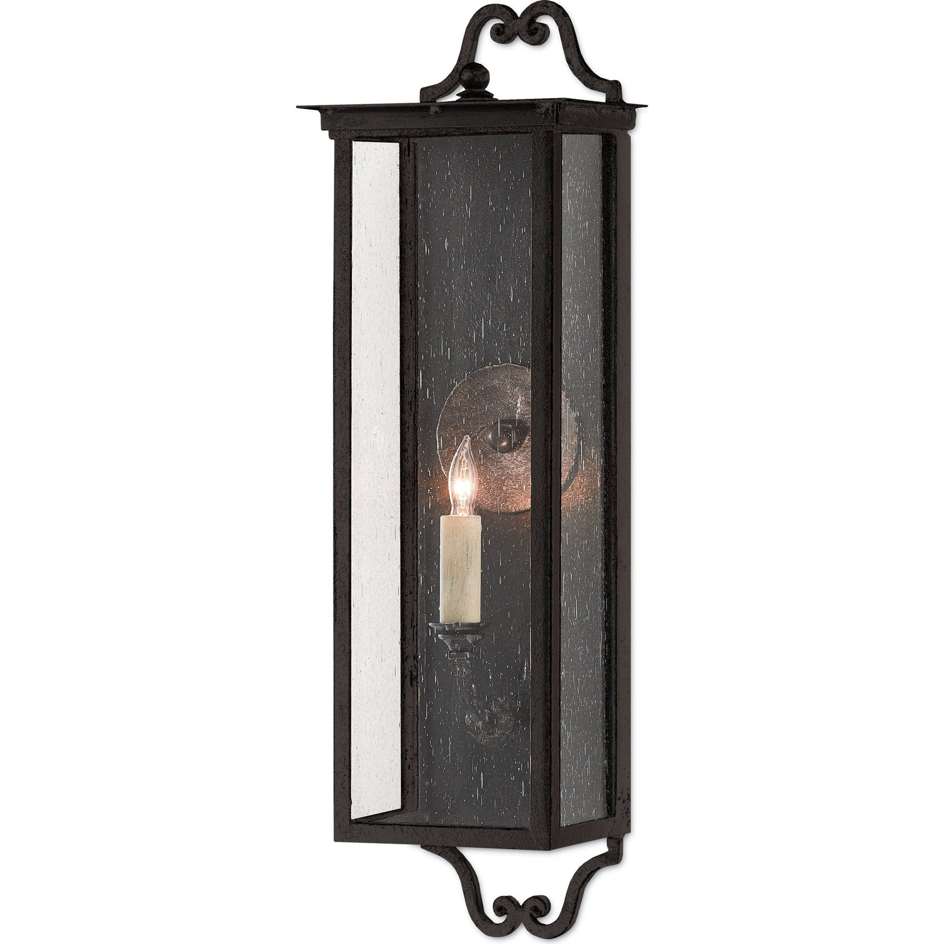 Giatti Outdoor Wall Sconce by Currey and Company in midnight (pure black). Made from wrought iron, glass in a traditional style.